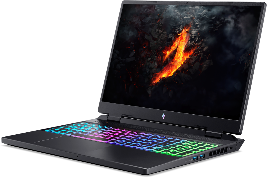 Ein schwarzer Gaming-Laptop mit beleuchteter Tastatur und einem abstrakten Display mit Feuermotiv.