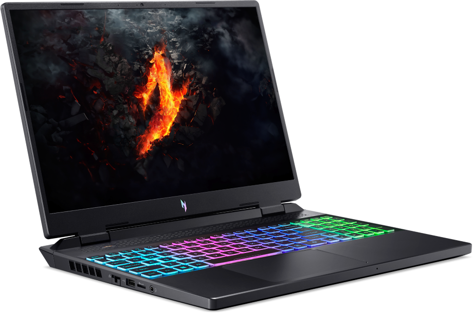Schwarzer Gaming-Laptop mit bunter Tastatur. Bildschirm hat ein feuriges Bild.