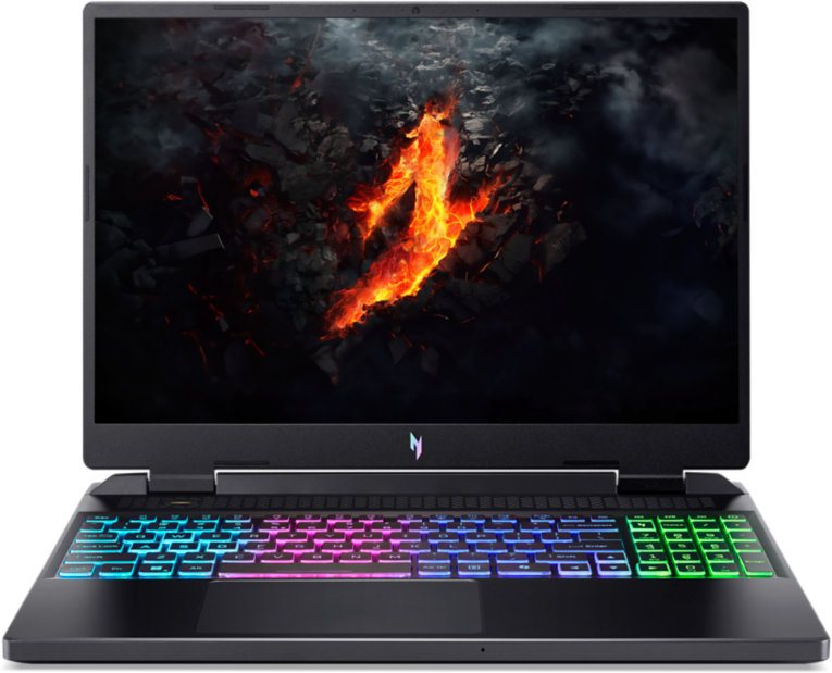 Schwarzer Laptop mit farbenfroher beleuchteter Tastatur. Der Bildschirm zeigt einen feurigen, felsigen Berg.