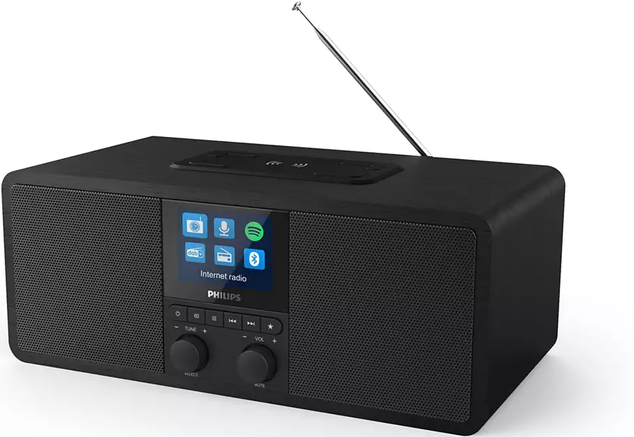 Radio Internet Philips noire avec écran. Elle a des boutons et une antenne.