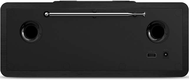 Haut-parleur audio rectangulaire noir avec deux trous de haut-parleur, un port USB et une antenne.