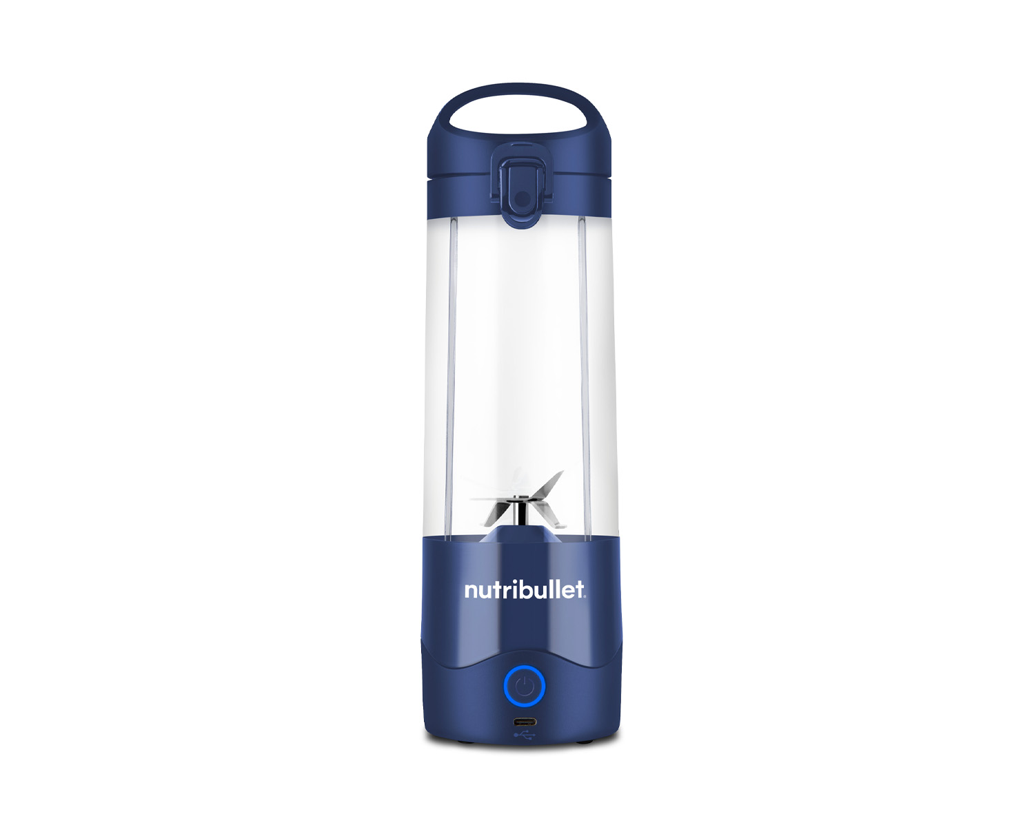Una licuadora Nutribullet azul con asa y el nombre de la marca en el frente. Tiene un recipiente transparente.
