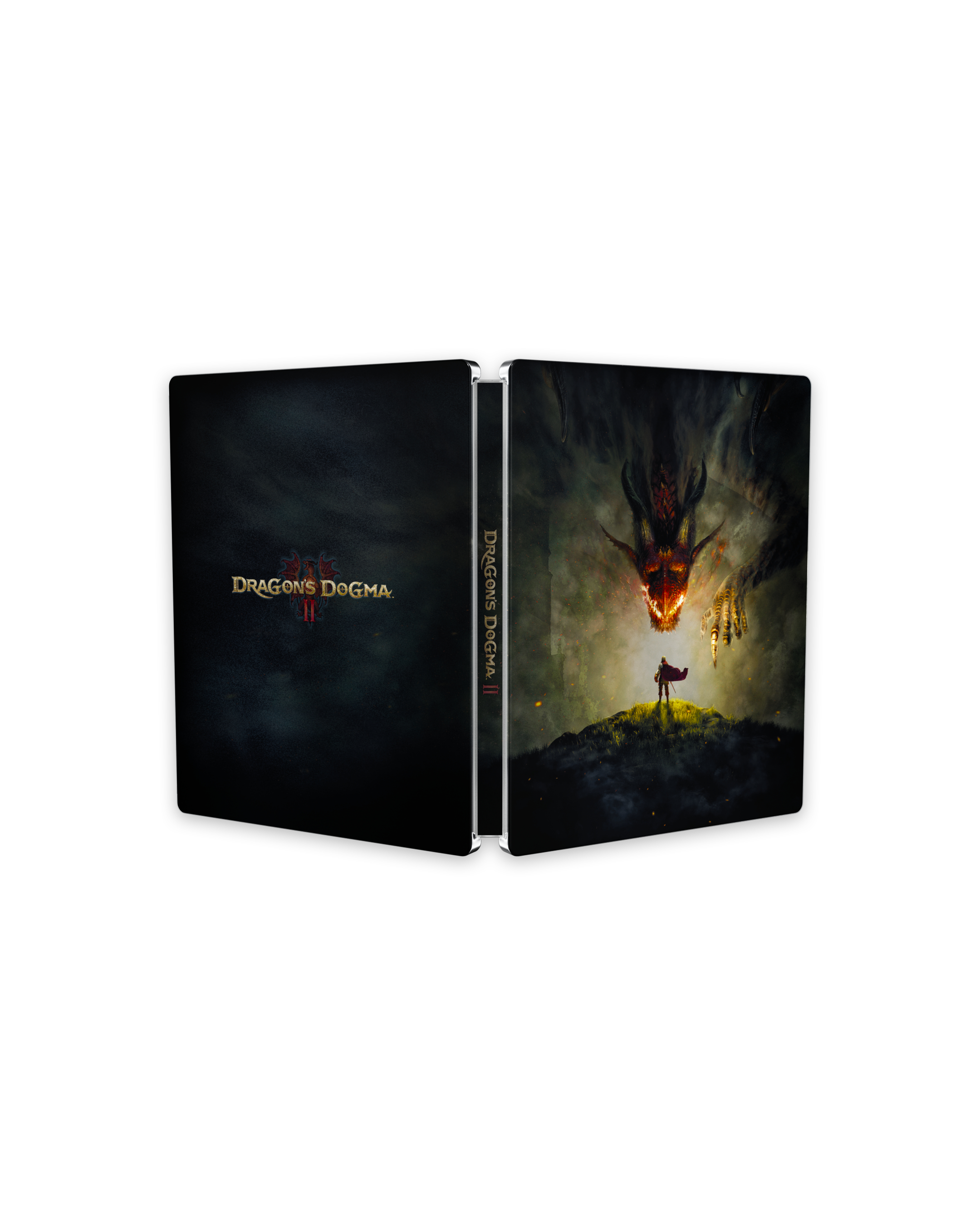 Offenes Steelbook-Case für das Spiel Dragons Dogma II. Cover zeigt einen Drachen, eine Figur und den Titel des Spiels.