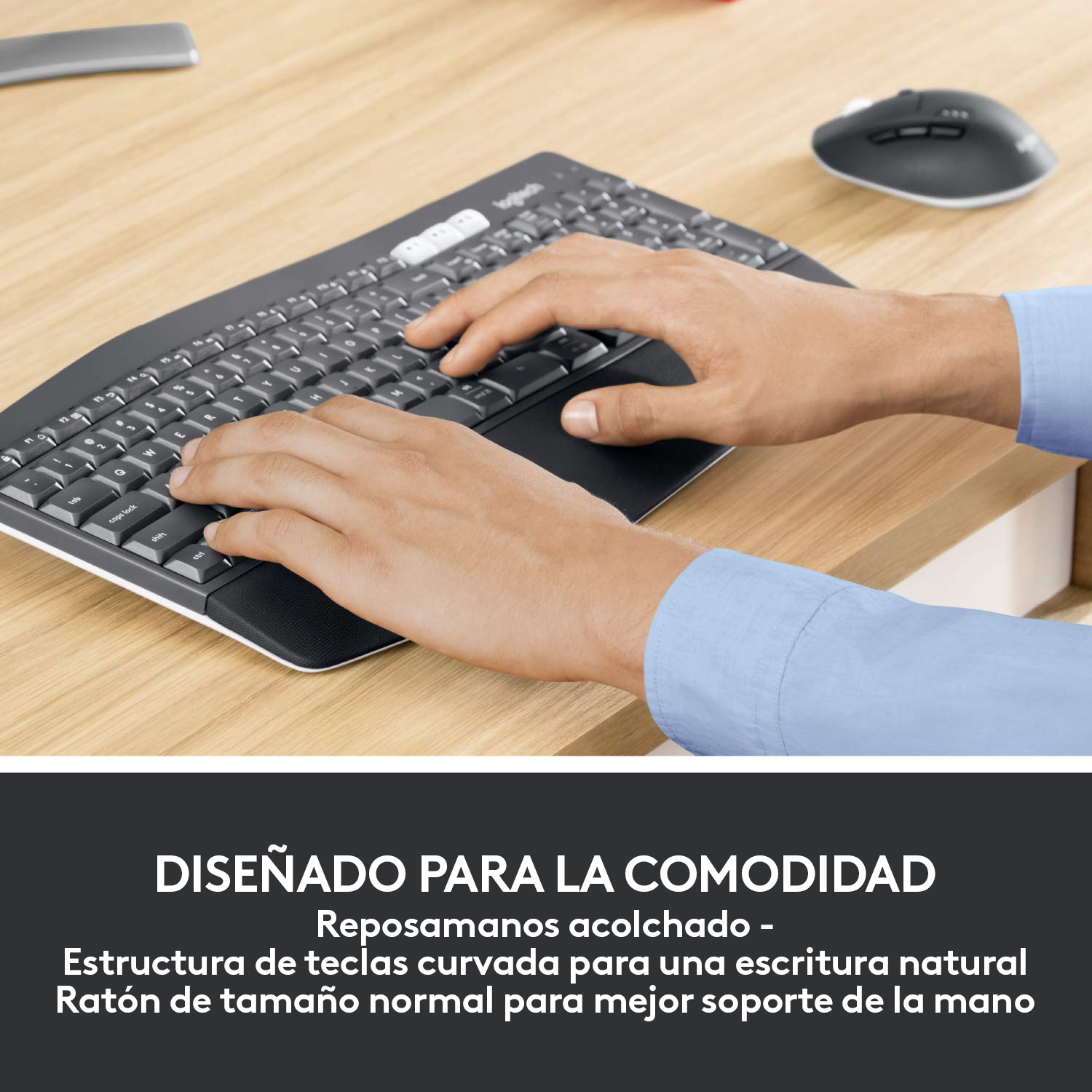 Manos tecleando en un teclado con reposamuñecas acolchado. Se muestra texto: Diseño para la comodidad.