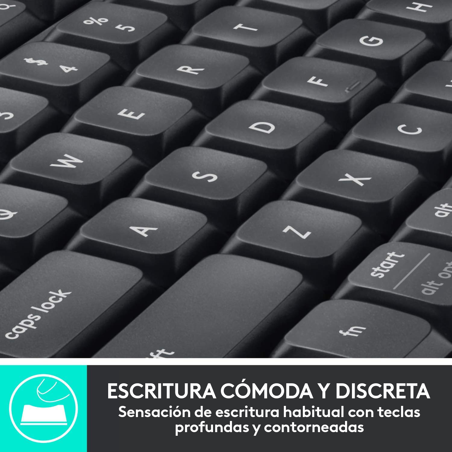Primer plano de un teclado con teclas negras y letras blancas.