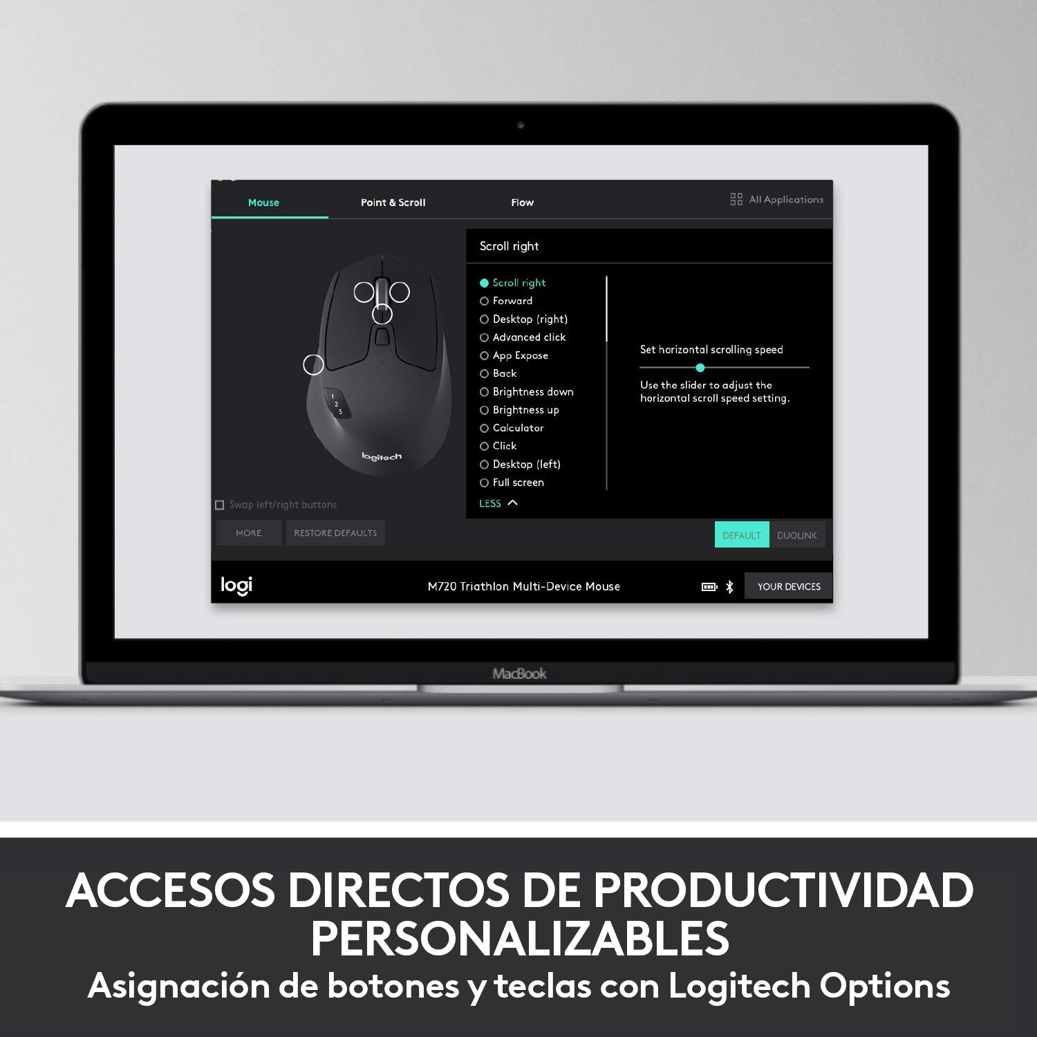 Una pantalla de portátil muestra la configuración del ratón. El ratón se muestra con opciones de personalización.