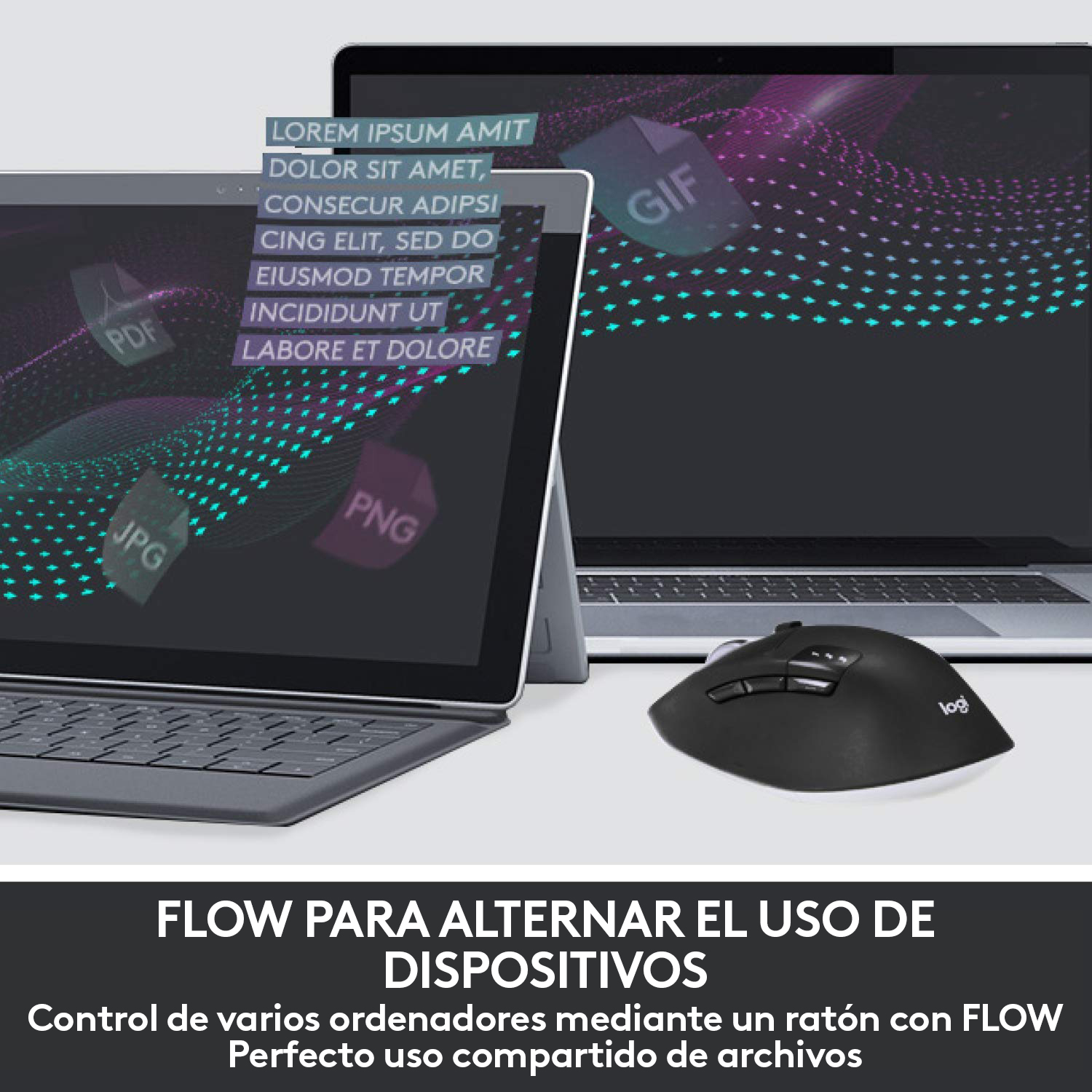 Dos portátiles con un ratón inalámbrico y superposiciones de texto.