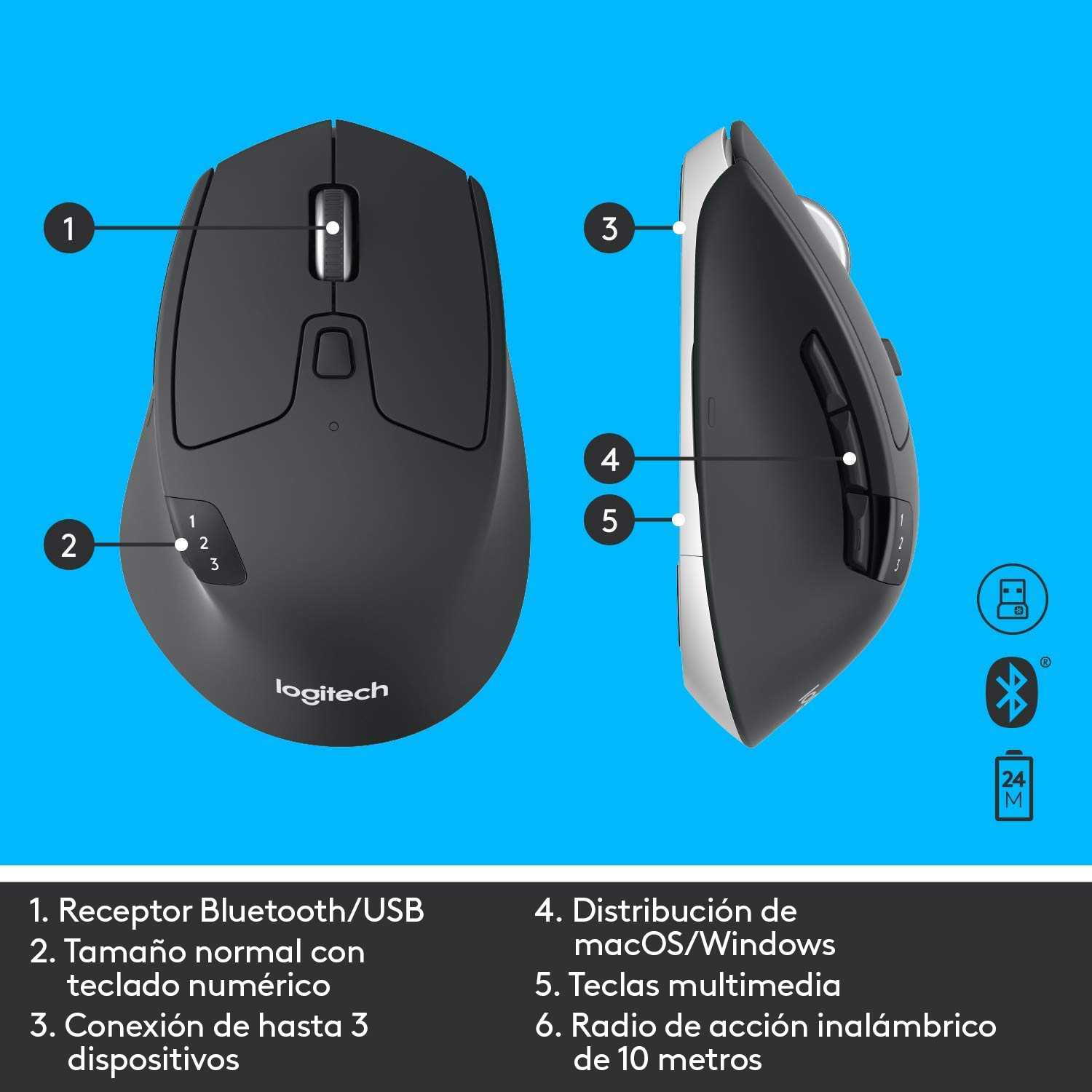 Un ratón con secciones etiquetadas: receptor Bluetooth/USB, tamaño normal con teclado numérico y más.