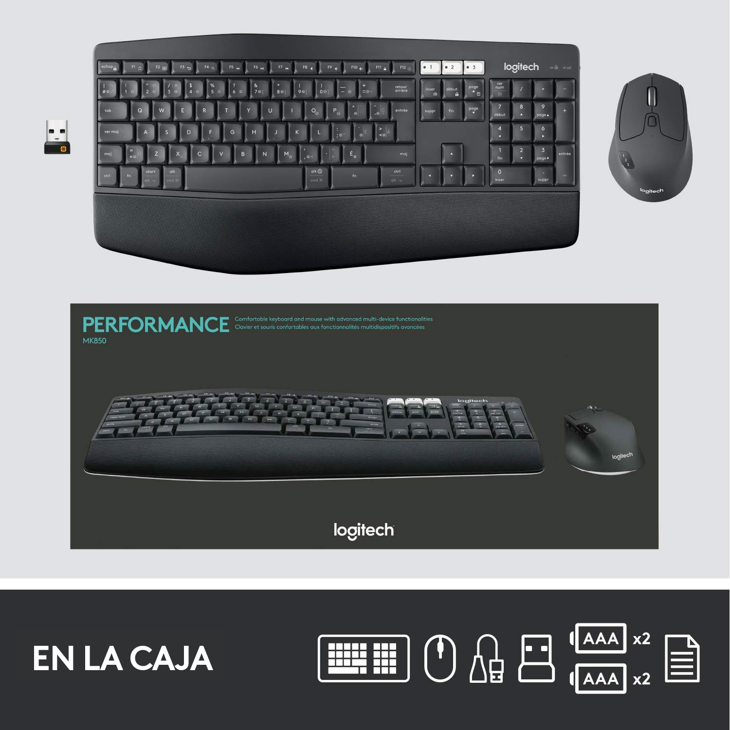 Teclado negro con reposamuñecas y ratón. También se muestran el embalaje y el contenido de la caja.