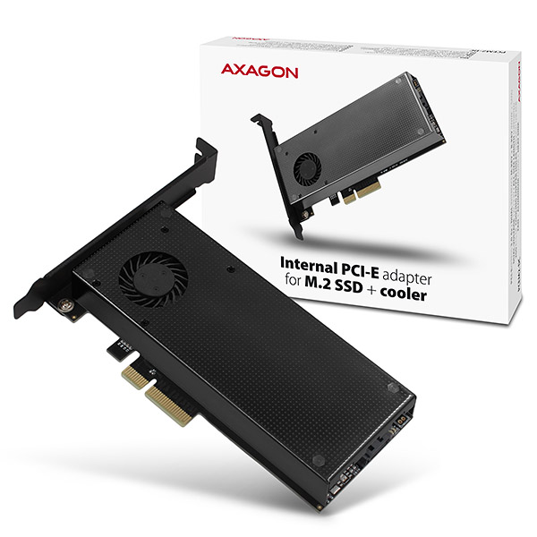 Belső PCI-E adapter M.2 SSD-hez + hűtő. Fekete, ventilátorral és fehér dobozzal.