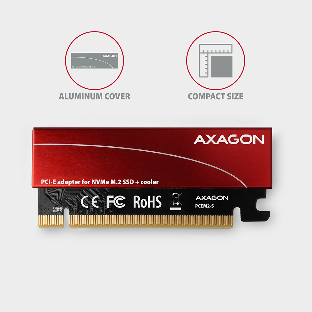Piros Axagon PCIe adapter NVMe SSD-hez, szöveges címkékkel és méretábrával.