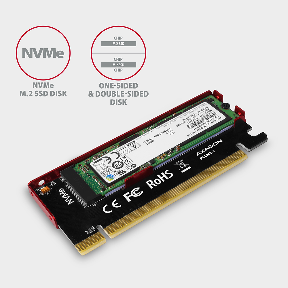 Egy NVMe M.2 SSD lemez egy chippel, NVMe és One-Sided & Double-Sided Disk feliratokkal.