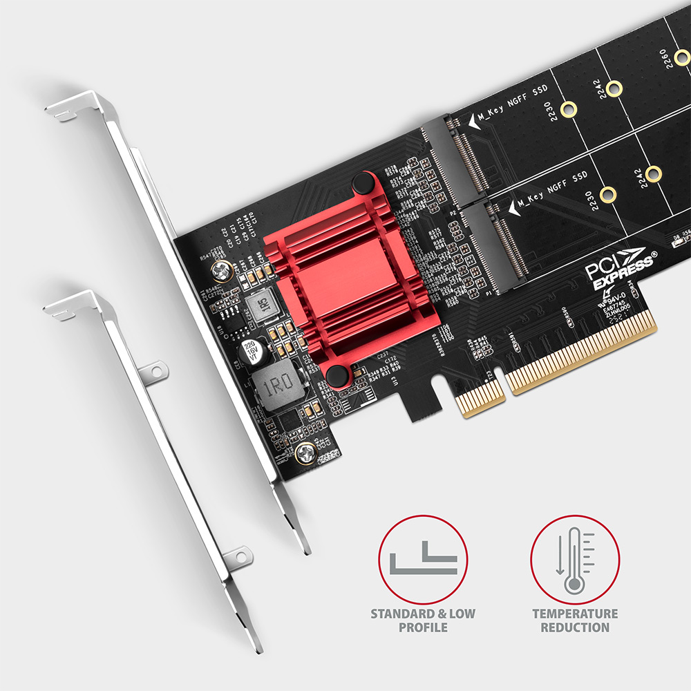 Egy fekete-ezüst PCIe adapter piros hűtőbordával.
