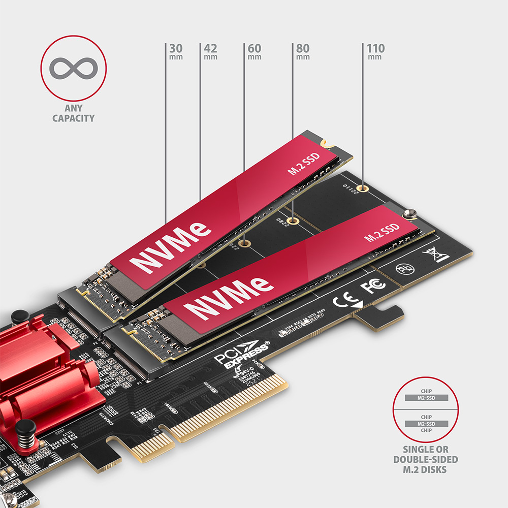 M.2 SSD-k a megadott méretekkel, és egy PCI Express kártya több M.2 foglalattal.