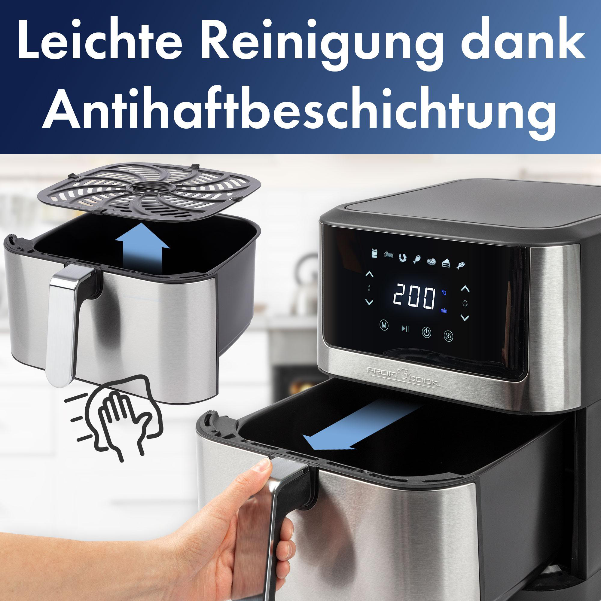 Heißluftfritteuse zeigt Reinigung, mit Herausnehmen der Schublade und Abwischen.