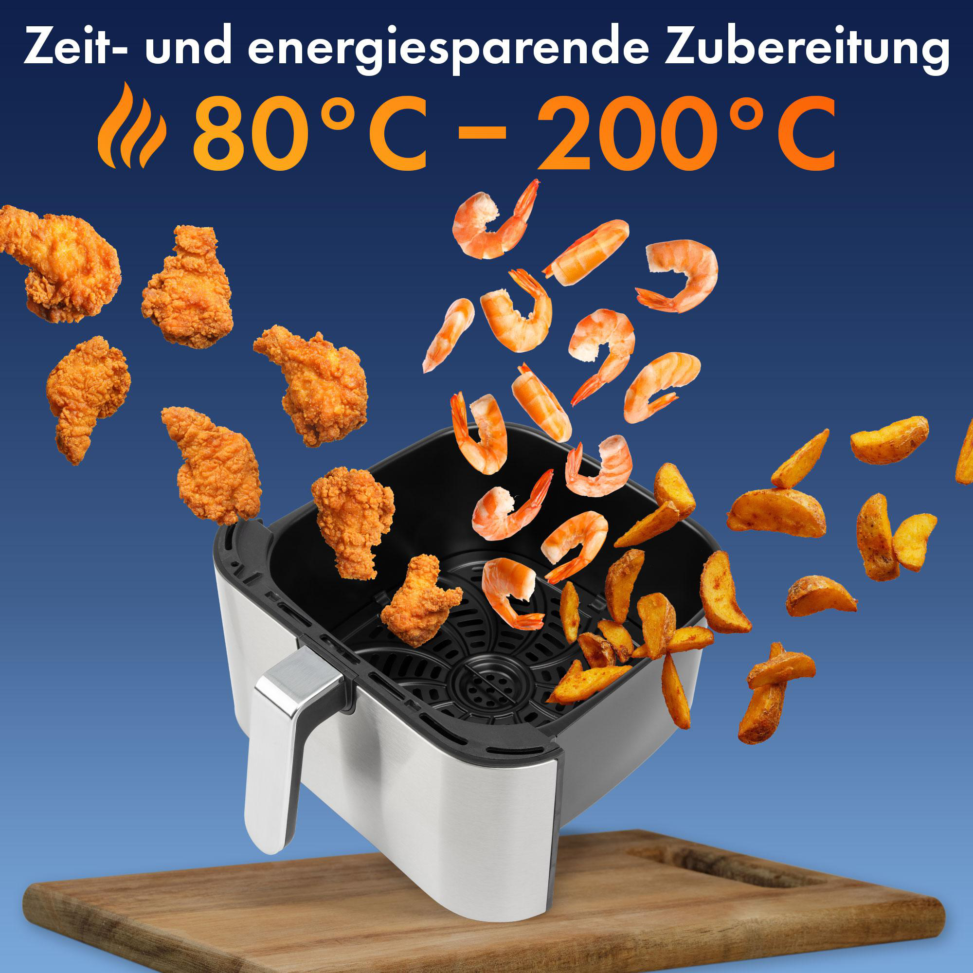 Eine Heißluftfritteuse mit frittierten Speisen, darunter Hähnchen, Garnelen und Pommes, mit blauem Hintergrund.