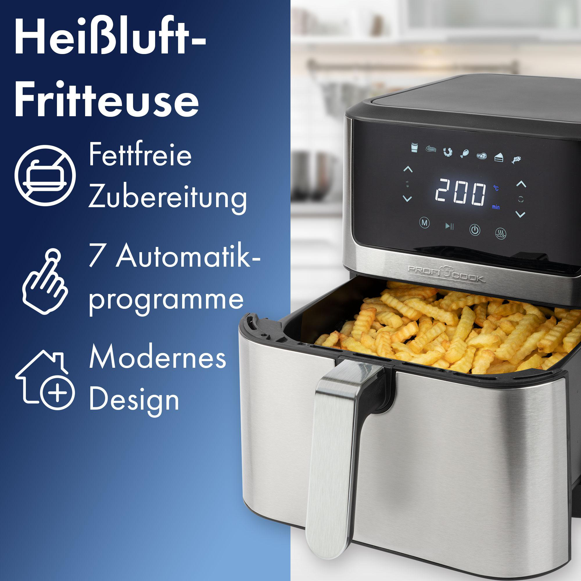 Schwarze und silberne Heißluftfritteuse mit Pommes, Text: Heißluft-Fritteuse.