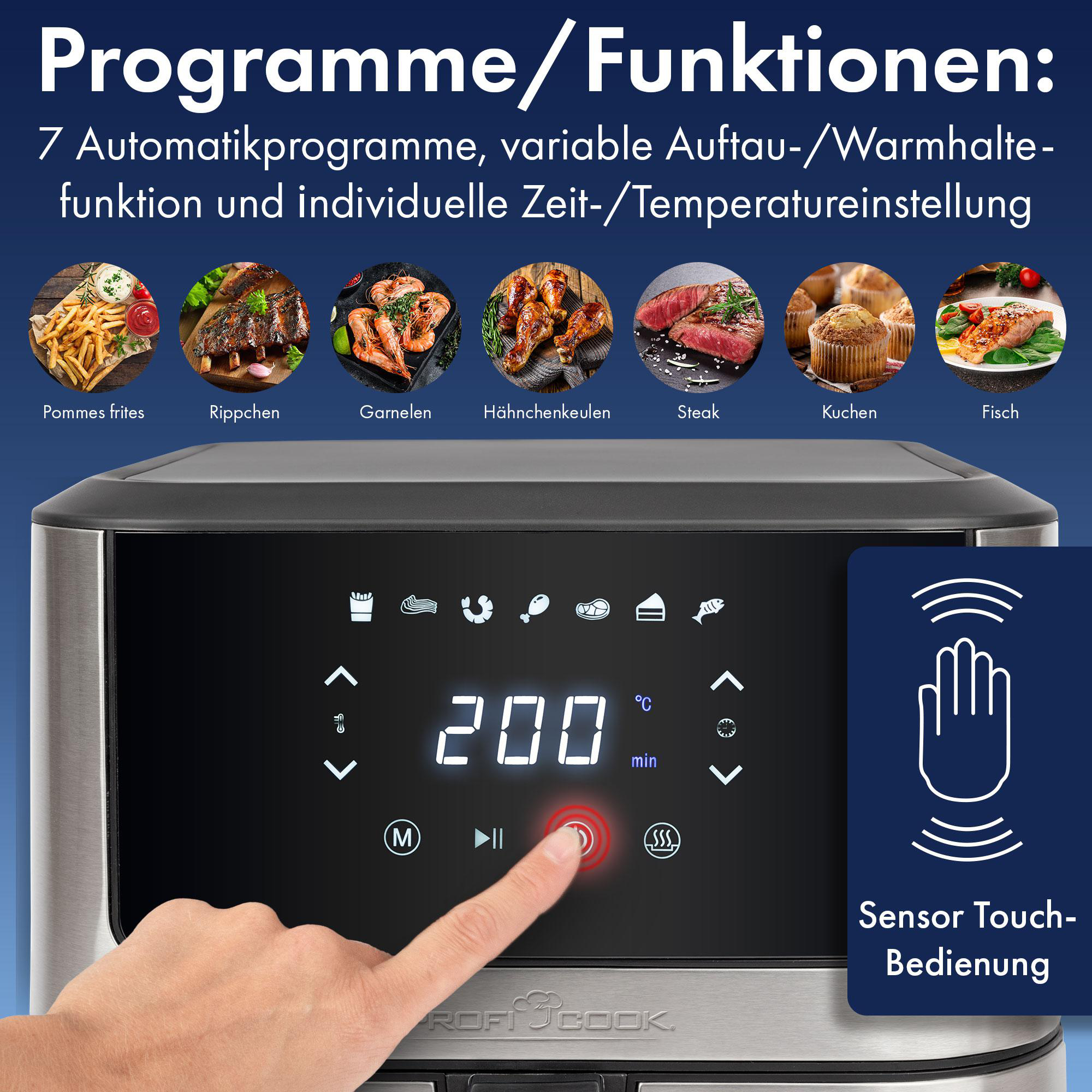 Eine Heißluftfritteuse mit Touch-Sensor-Bedienfeld und verschiedenen Lebensmittelbildern.