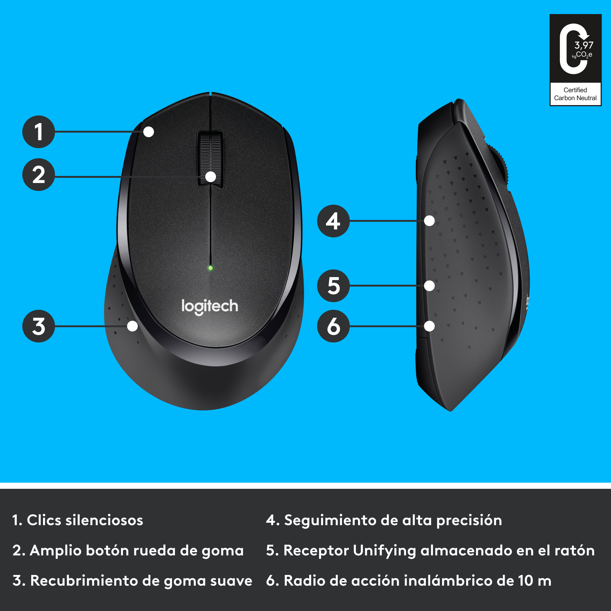 Ratón Logitech negro. Muestra botones, rueda de desplazamiento y la marca Logitech.