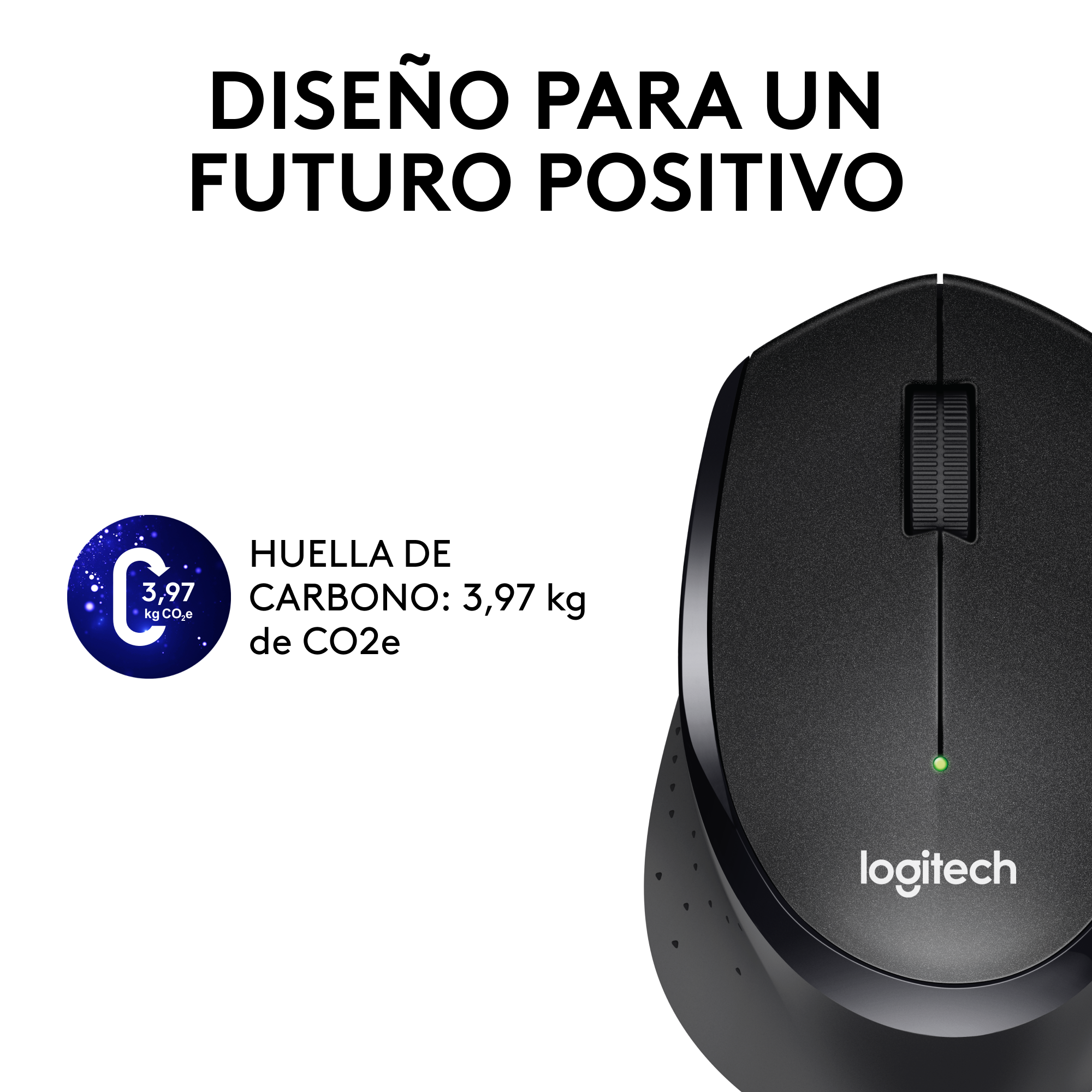 Ratón Logitech negro con luz LED verde sobre fondo blanco.