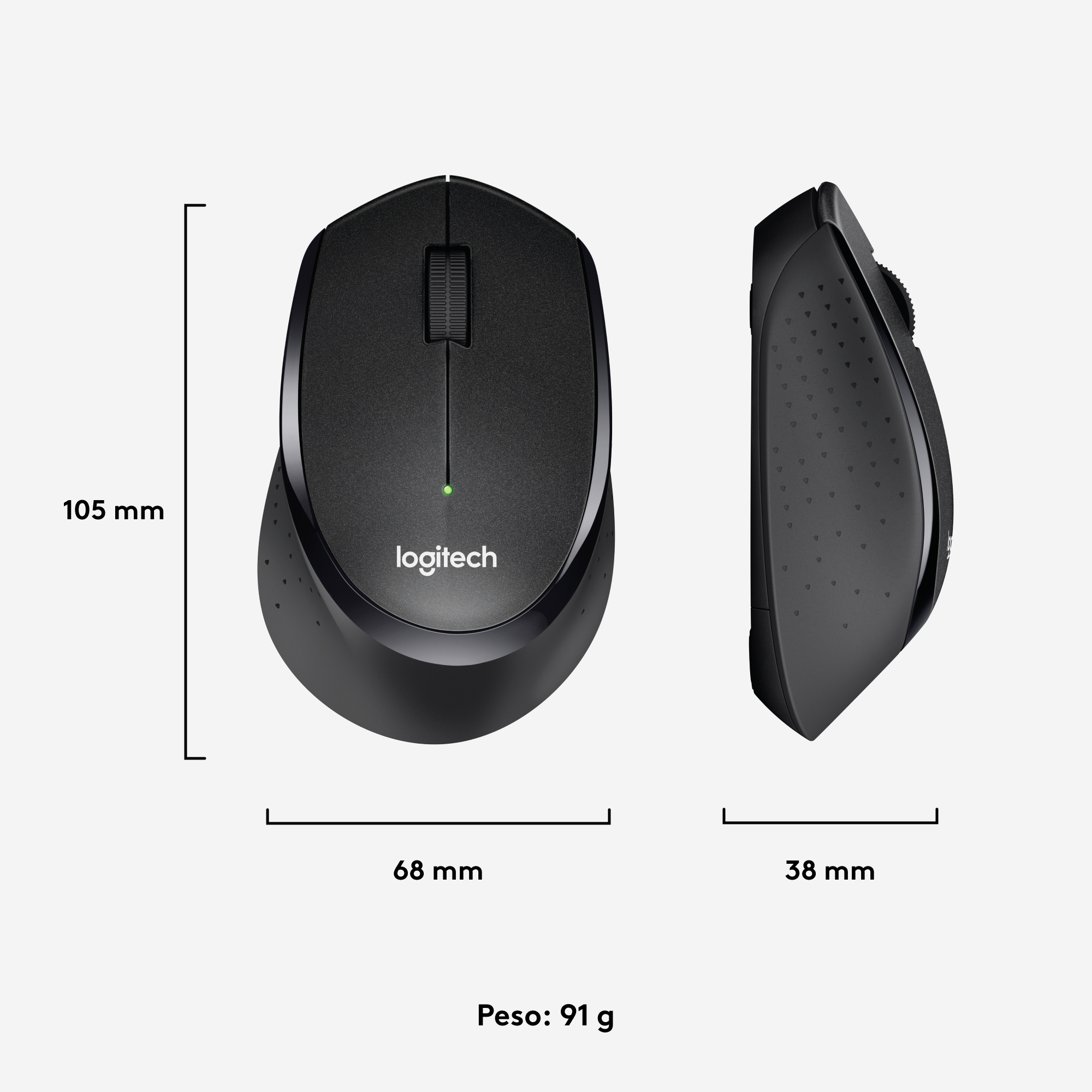 Un ratón Logitech mostrado desde arriba y de lado, con medidas y peso.