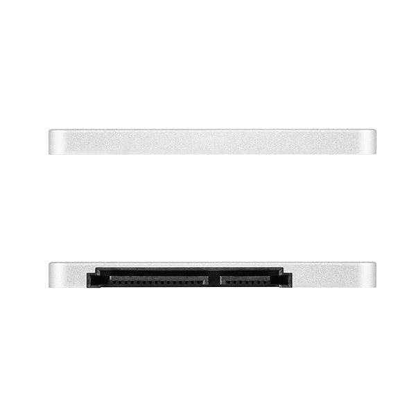Ezüst SSD meghajtó. Felülről és alulról nézet. Fekete SATA csatlakozók. Elegáns, téglalap alakú.