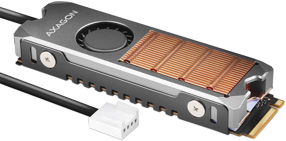 AXAGON Réz hűtőborda aktív hűtéssel M.2 2280 SSD meghajtóhoz, 13 mm magas (CLR-M2FAN)