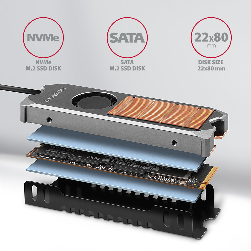 Egy NVMe M.2 SSD lemez robbantott nézete a komponensekkel.