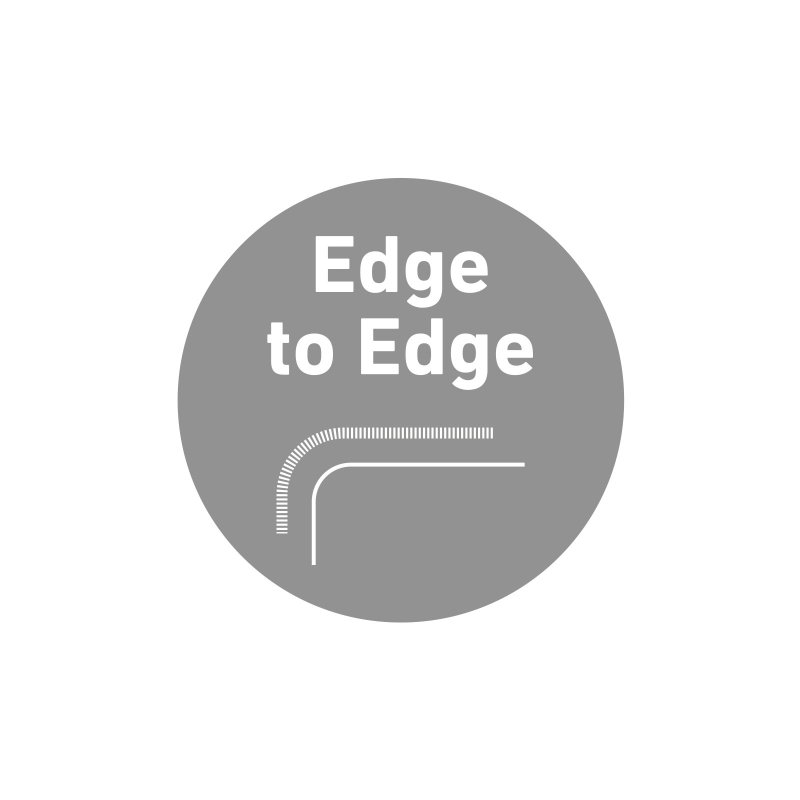 Grauer Kreis mit weißer gebogener Linie und den Worten "Edge to Edge".