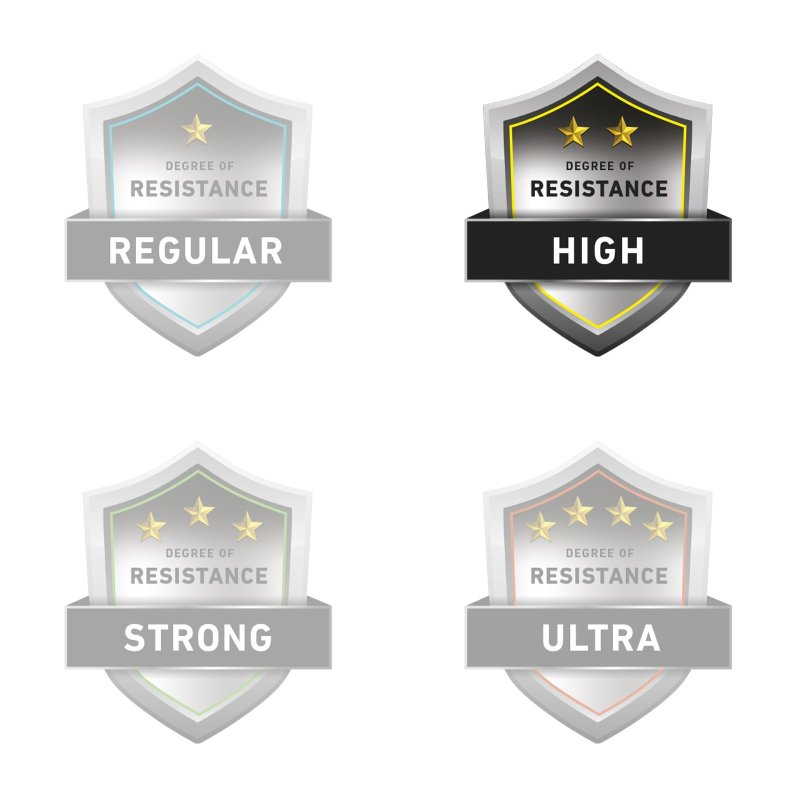 Vier schildförmige Abzeichen, die Widerstandsfähigkeitsstufen anzeigen: Regular, High, Strong und Ultra.