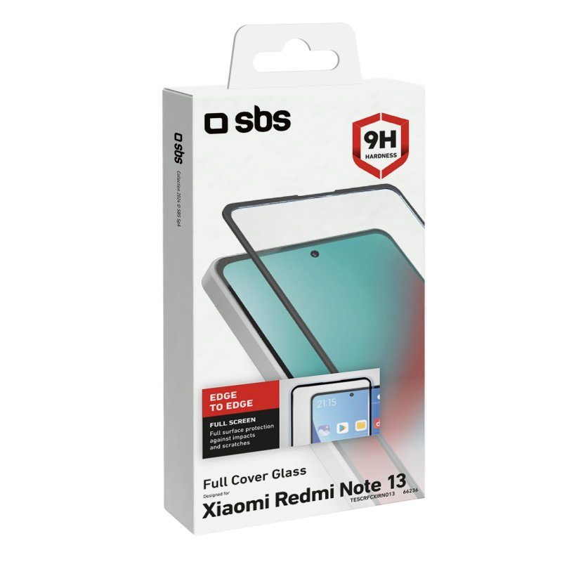 Eine Schachtel mit Displayschutzfolie für Xiaomi Redmi Note 13 mit Telefonillustration und Text.