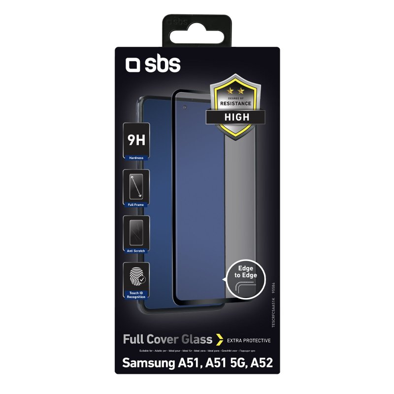 Box mit Displayschutzfolie für Samsung A51, A51 5G, A52. Etiketten zeigen den Widerstandsgrad.