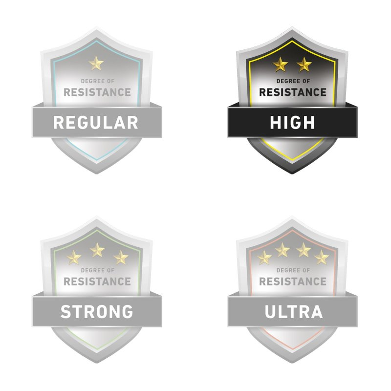 Vier schildförmige Abzeichen, unterschiedliche Widerstandsgrade. Text: Regular, High, Strong, Ultra.