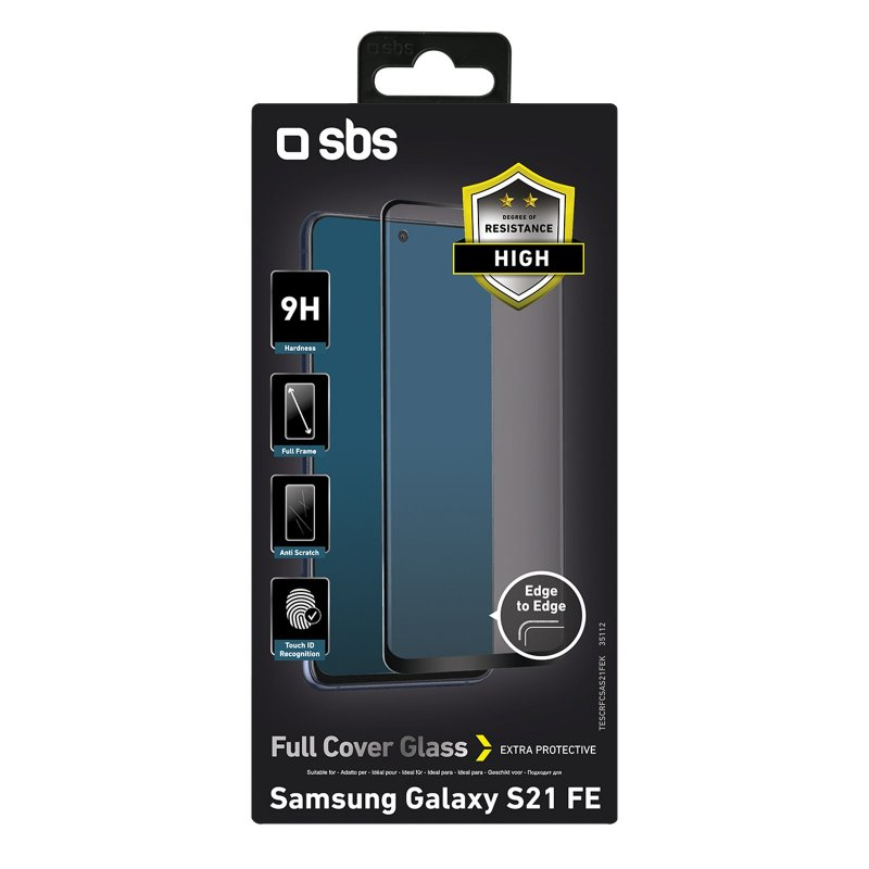 Verpackung für Samsung Galaxy S21 FE Displayschutz mit Merkmalen und Logo.