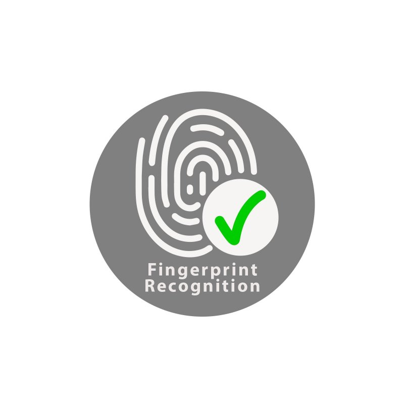 Fingerabdruck-Erkennungs-Symbol: ein grauer Kreis mit weißem Fingerabdruckmuster und grünem Häkchen darin.