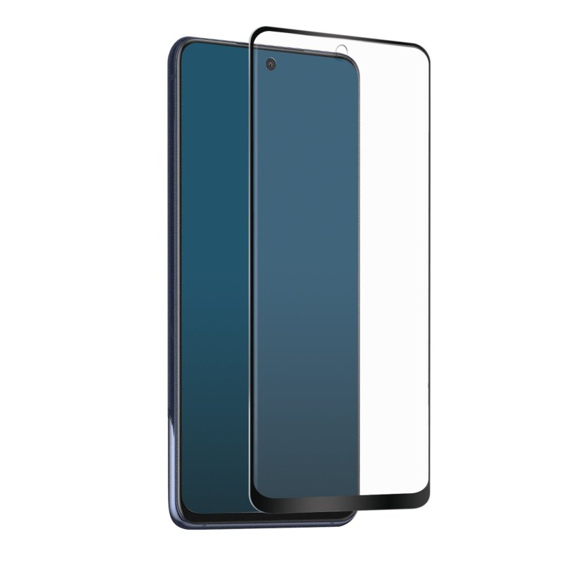 Ein schwarzes Telefon mit Displayschutzfolie wird vor weißem Hintergrund gezeigt.