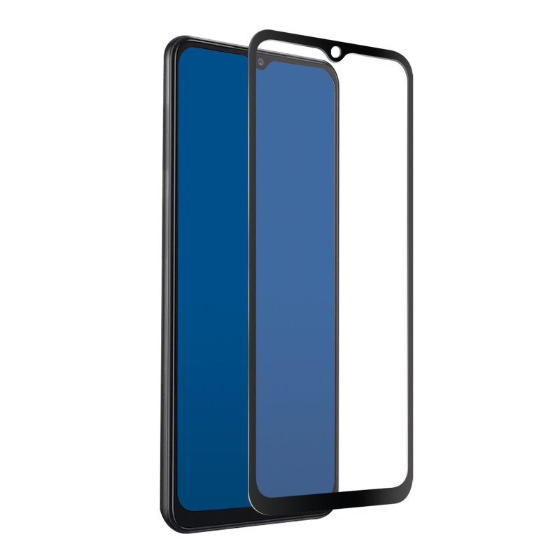 Eine Displayschutzfolie und ein Telefon, die die Ränder des Schutzes und den Bildschirm zeigen.