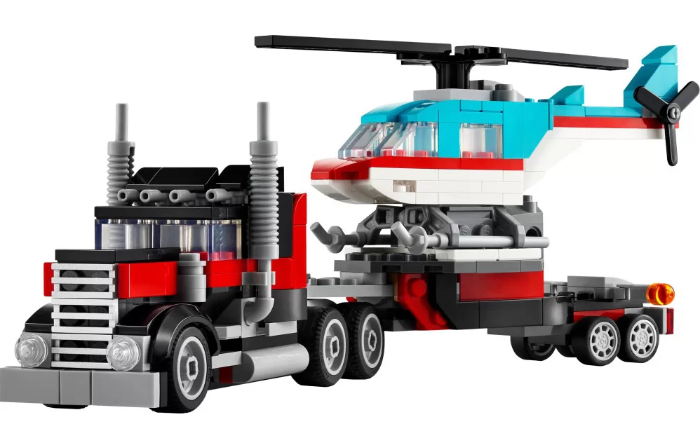 Ciężarówka Lego z helikopterem na niej.