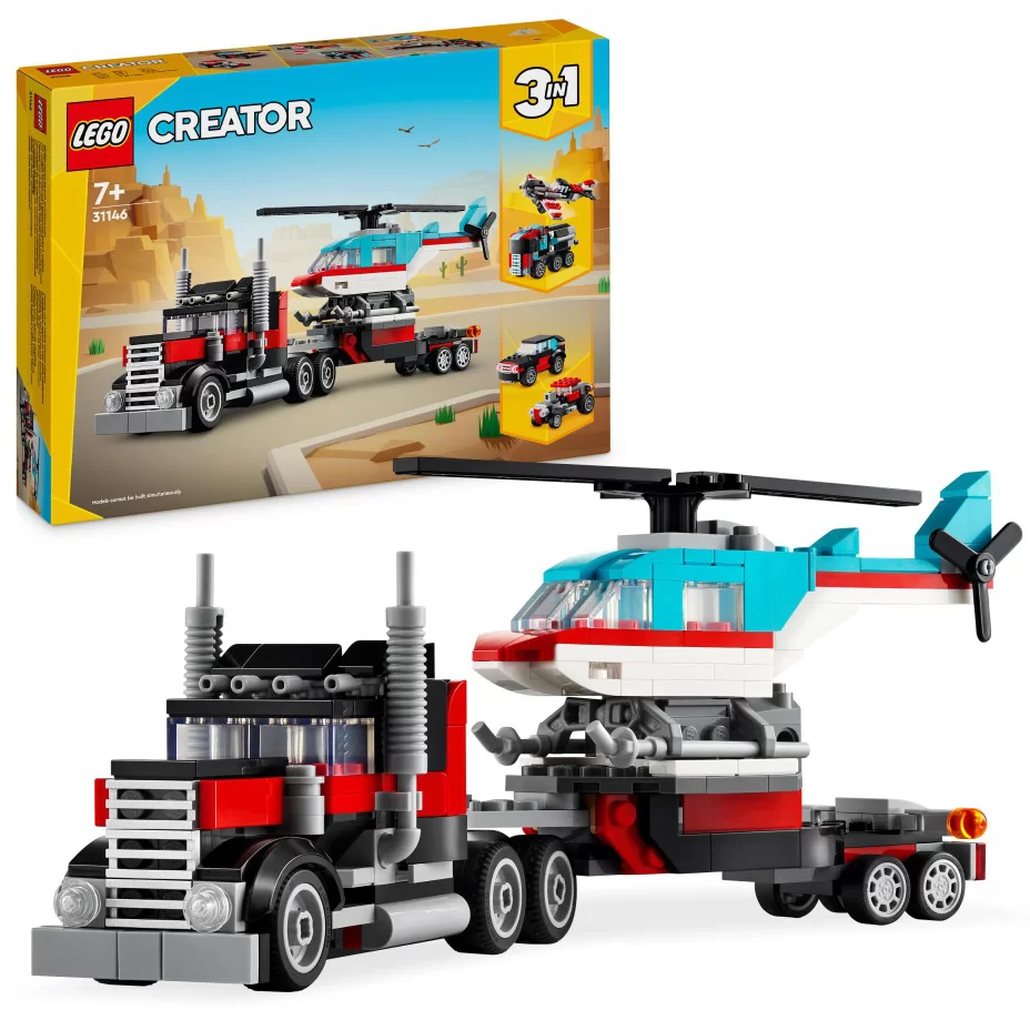 Zestaw Lego Creator przedstawiający ciągnik siodłowy ciągnący przyczepę z helikopterem na niej.