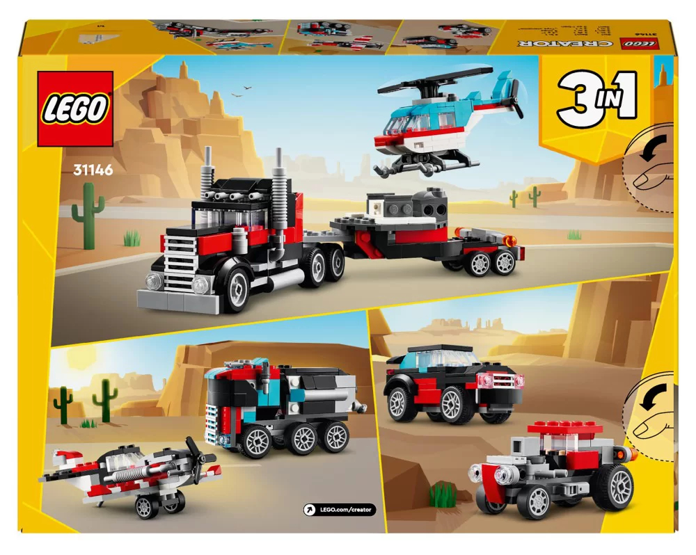 Pudełko LEGO Creator z trzema modelami pojazdów: ciężarówka, helikopter i samochód. Tło pustynne.
