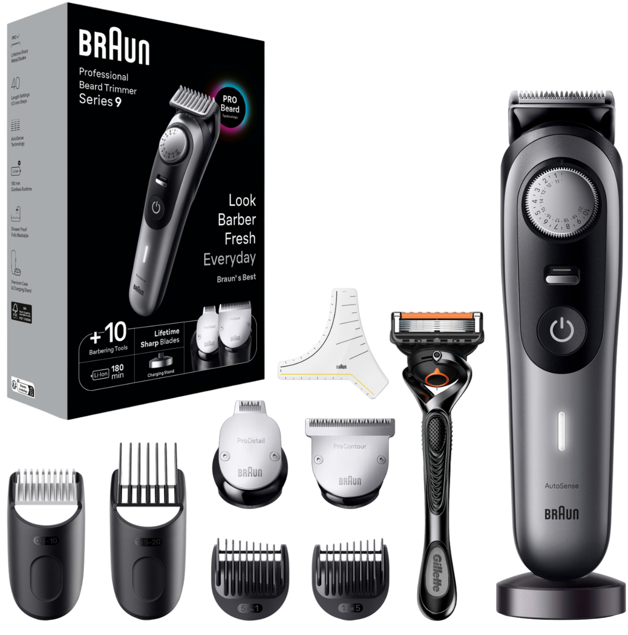 Braun Bartschneider-Set, Zubehör, schwarz und silber, weißer Hintergrund.