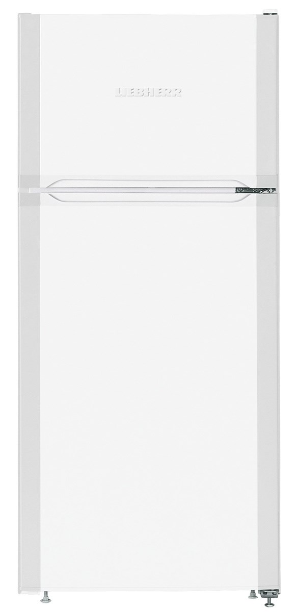 Weißer Liebherr-Kühlschrank. Er hat zwei Türen und einen Griff.