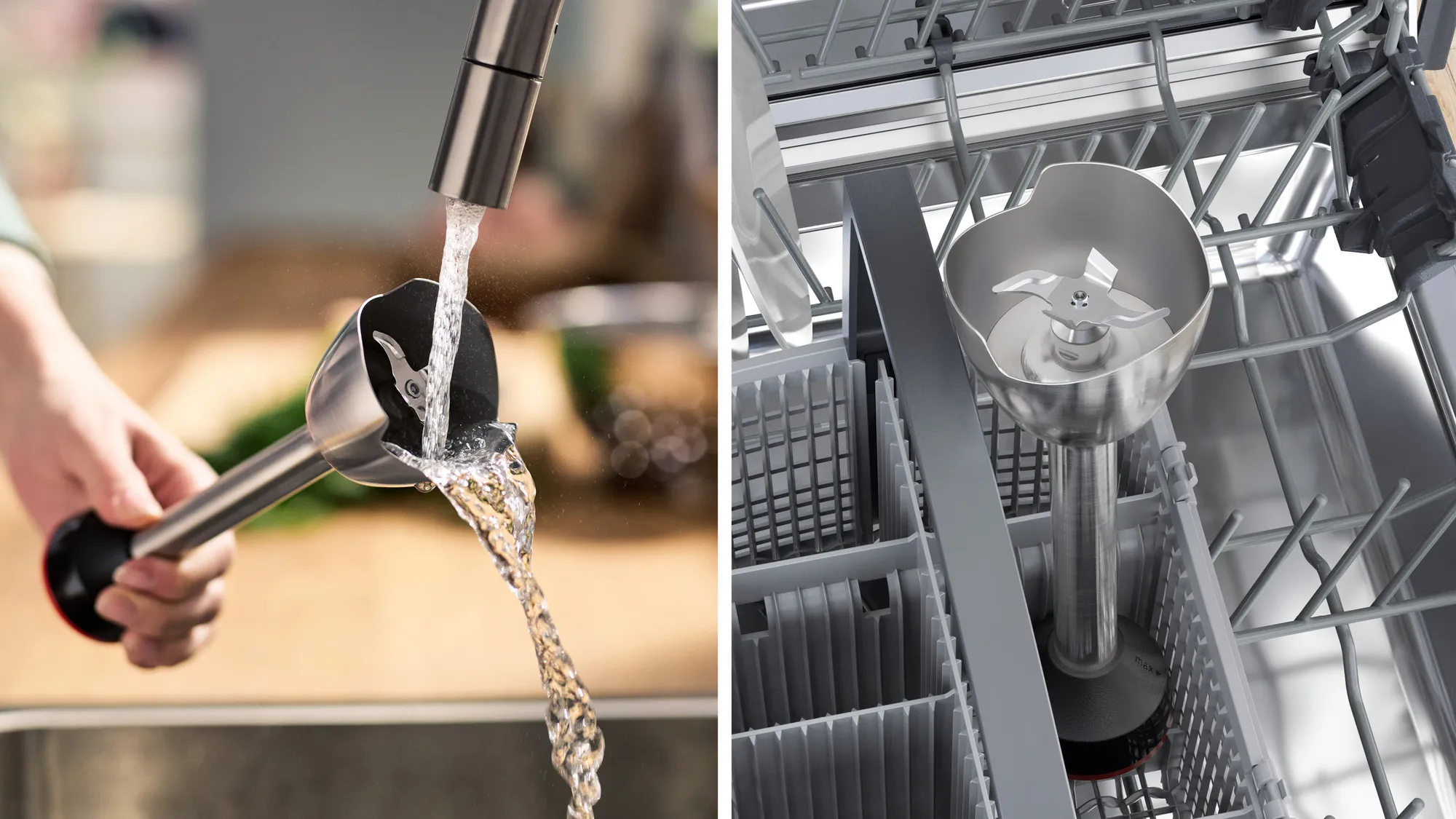 Woda wlewana na ostrze blendera. Ostrze blendera w zmywarce.