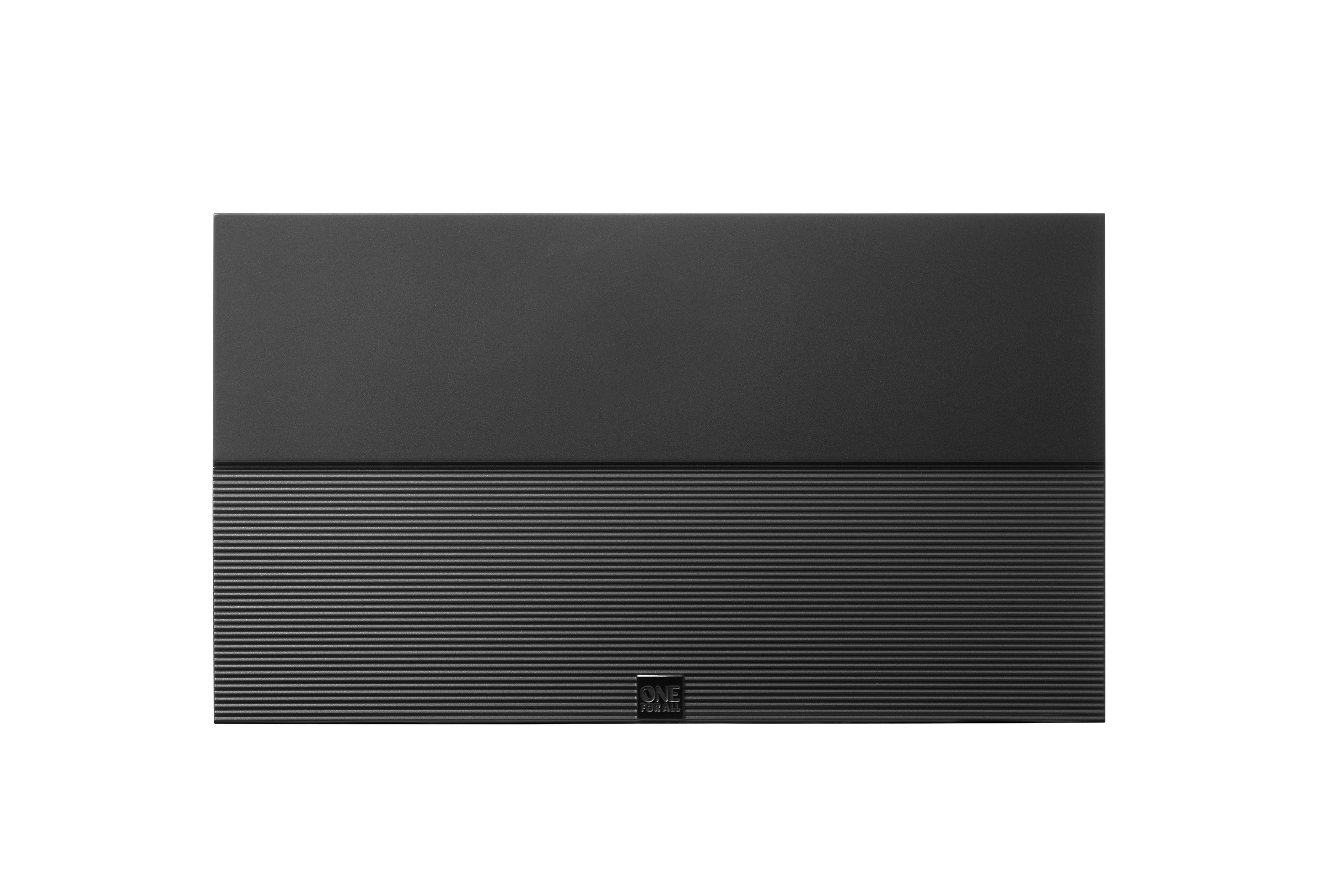 Schwarze, rechteckige Soundbar mit horizontalen Linien. Der untere Bereich hat eine ausgeprägtere Rippenstruktur.