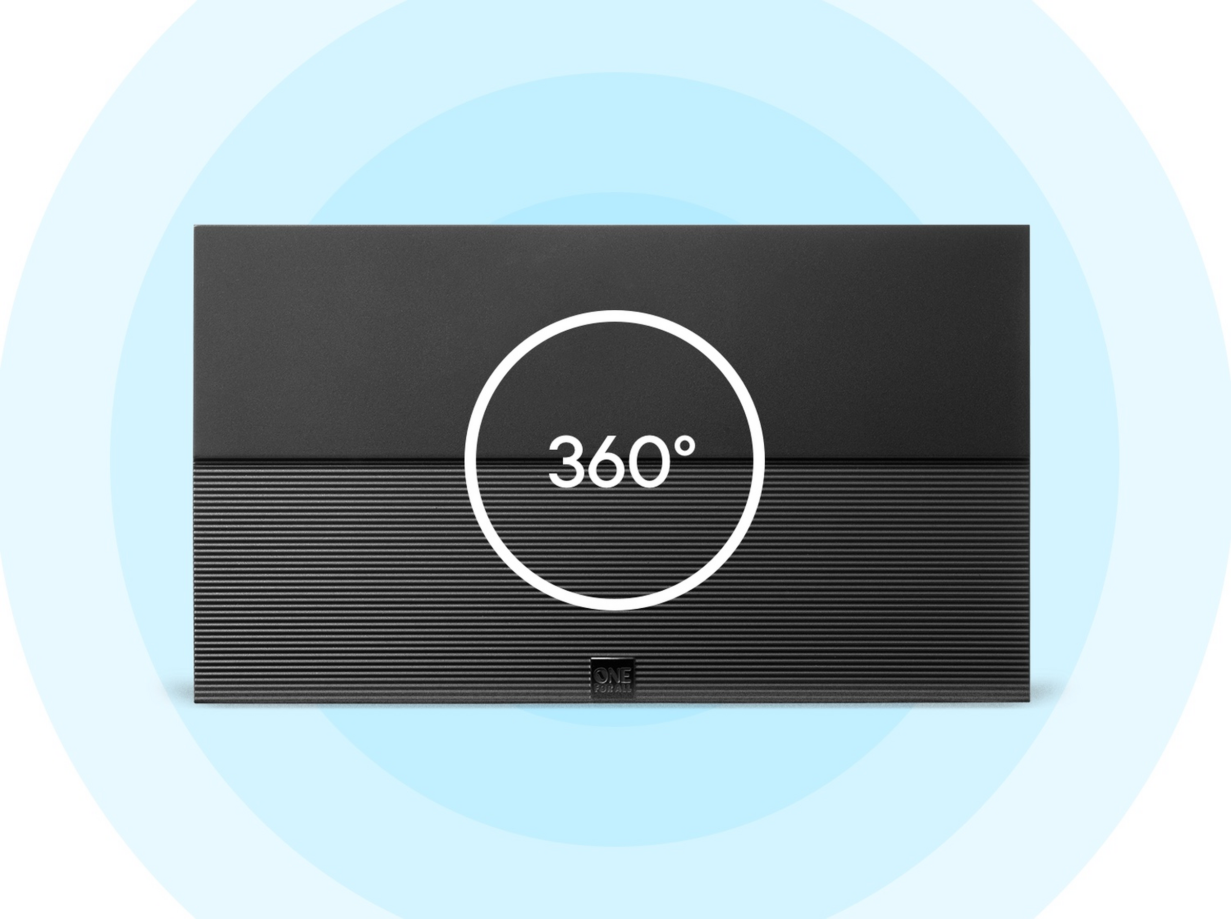 Schwarzer Fernseher mit 360°-Text in einem Kreis, umgeben von einem blauen Kreis.