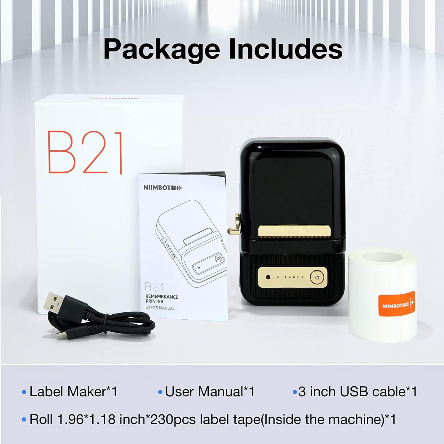 Címkenyomtató készlet nyomtatóval, USB kábellel, címkeszalaggal és használati útmutatóval.