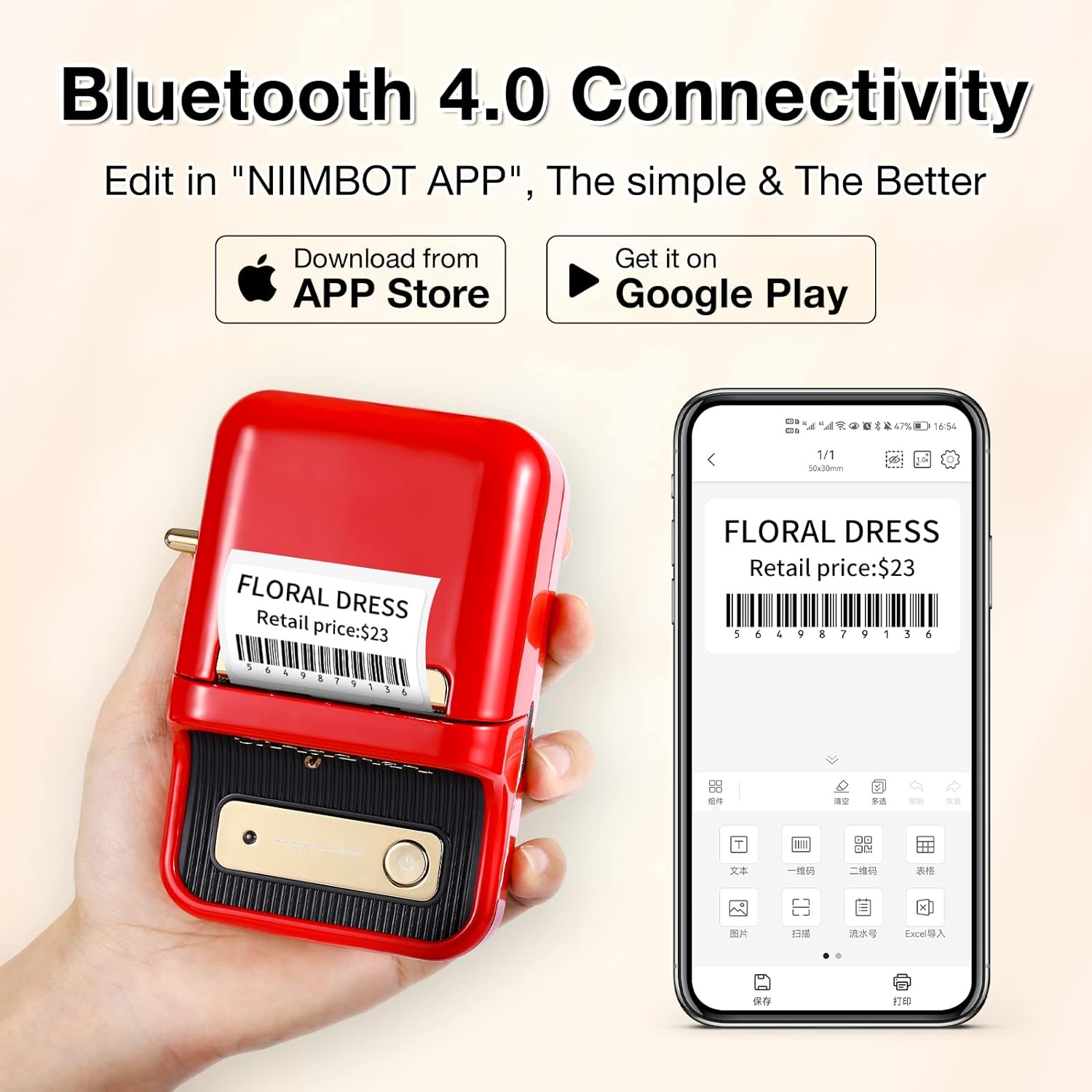 Piros címkenyomtató, amelyen egy telefon címketervezést mutat. Bluetooth kapcsolatot hirdetnek.