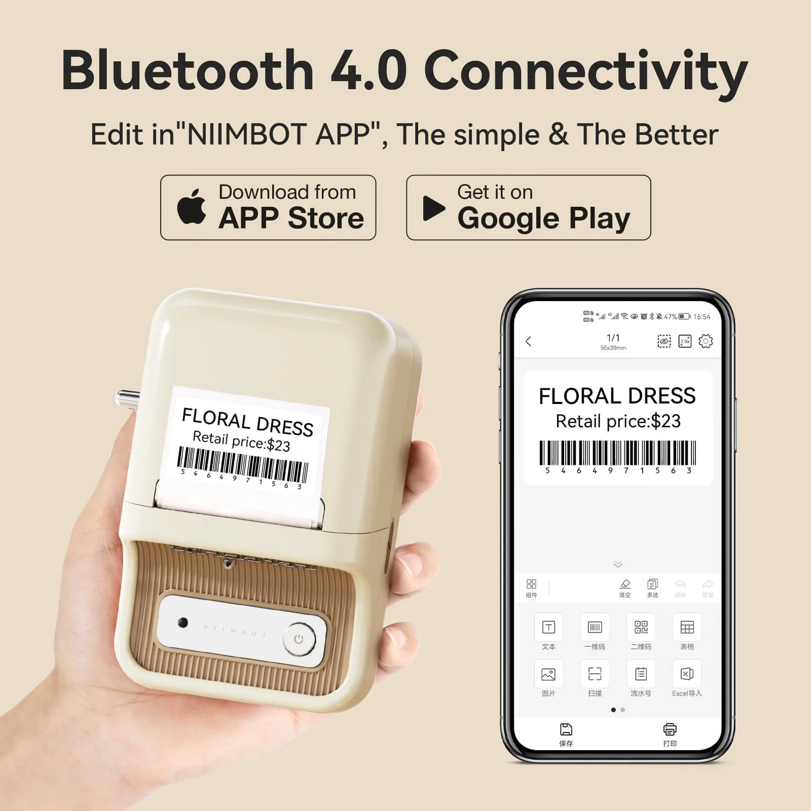 Egy címkenyomtató és egy telefon alkalmazás képernyővel. Szöveg: Bluetooth 4.0 csatlakozás.