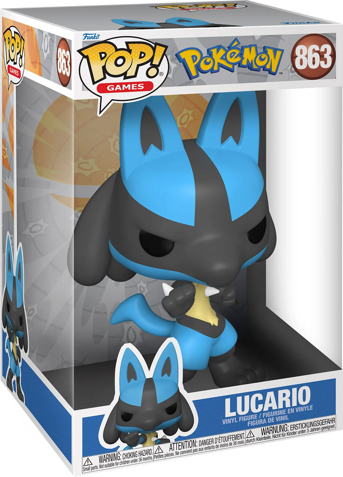 Funko Pop! Lucario Figur in Box. Blau-schwarzer Pokémon Charakter. Box mit Vorder- und Seitenansicht.
