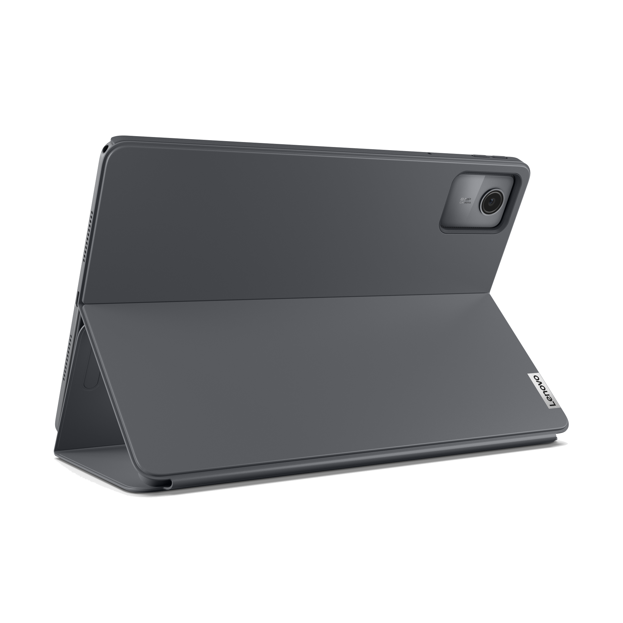 Una tableta gris con funda, abierta, sobre un fondo negro.